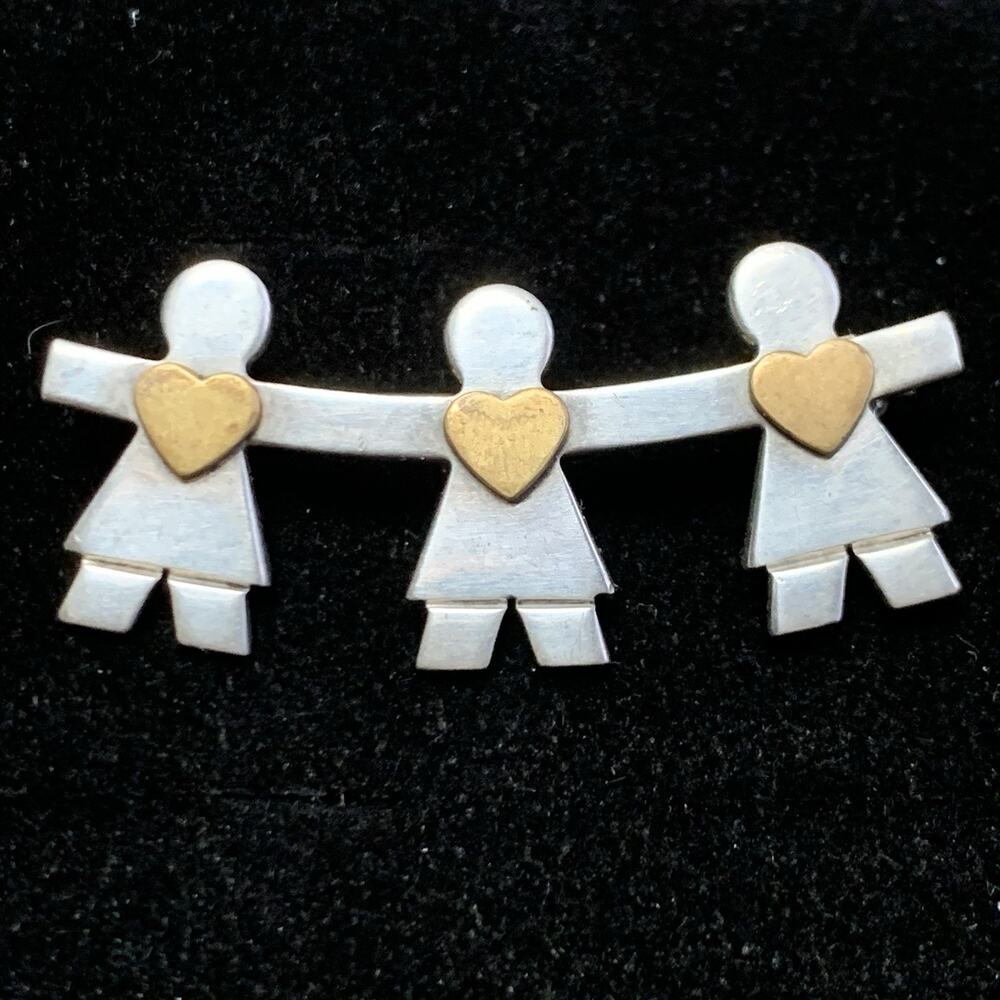 Vintage Naldo 3 Girls With Gold Plated Hearts 925 Sterling Silver Pin Brooch